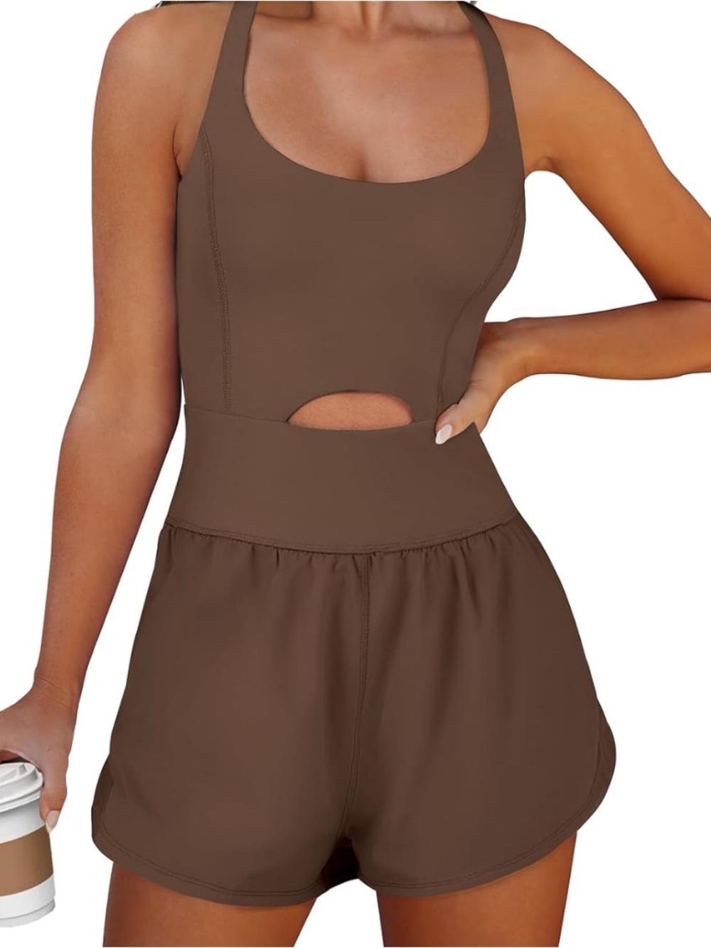 Brown Sleeveless Cutout Romper Jumpsuit